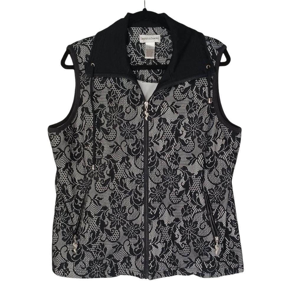DRAPERS AND DAMONS Black Floral Lace Print Sleeveless Zip Up Large Vest